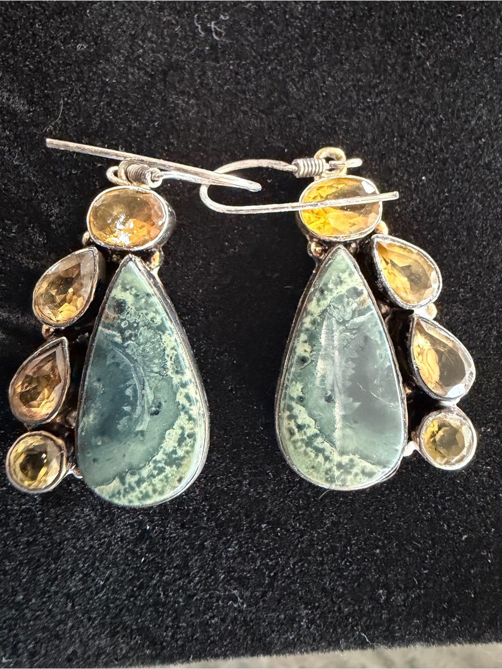 Vintage 925 Silver Green Jasper Teardrop and Citrine Accent Dangle Earrings